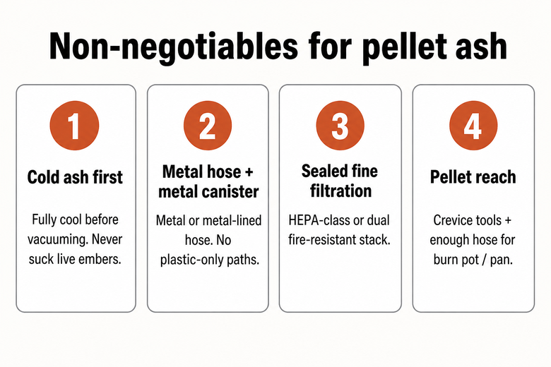 Diagram of four non-negotiables: cold ash, metal hose/canister, sealed filtration, pellet reach