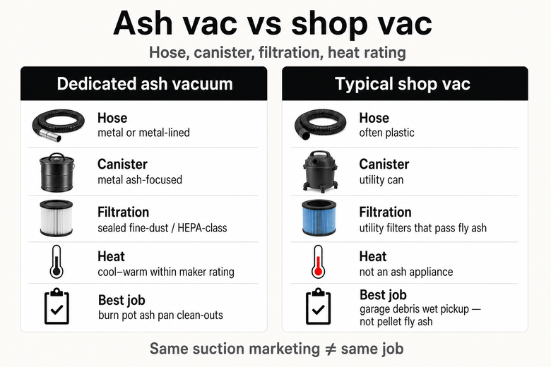 Comparison table of ash vacuum versus shop vac features