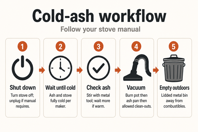 Steps: shut down, wait until cold, check ash, vacuum, empty in metal bin outdoors