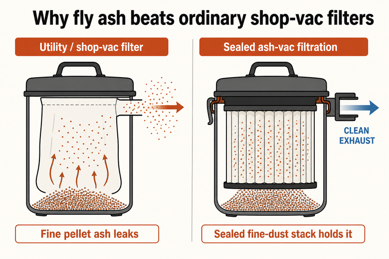 Diagram of fine pellet fly ash escaping a utility filter versus sealed ash-vac filtration
